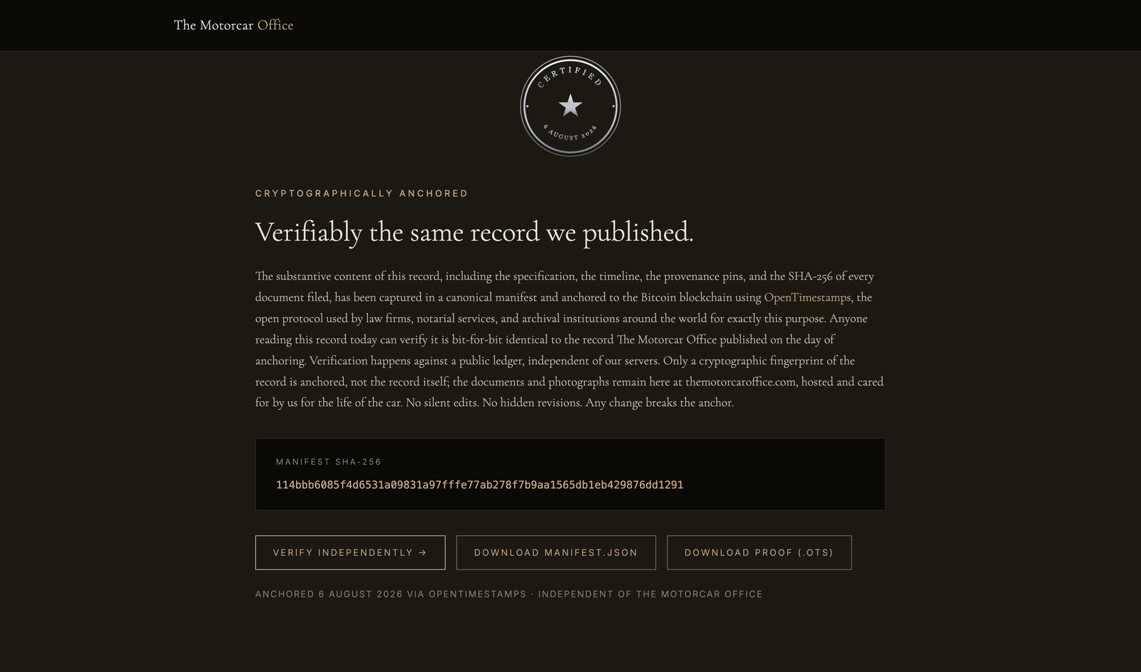 A Handover Record cryptographically certified via OpenTimestamps. Illustrative.