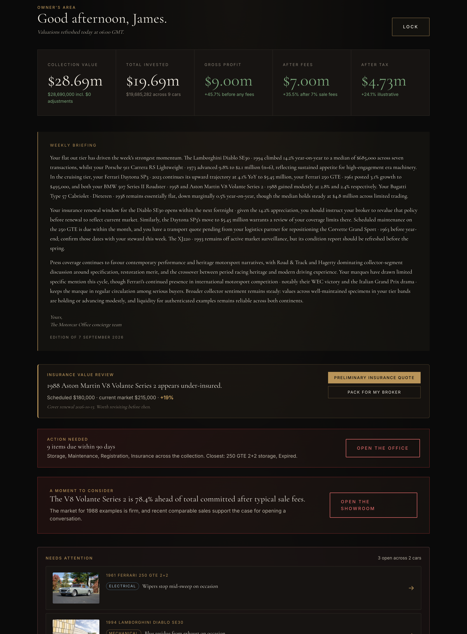 The dashboard, showing the collection at a glance. Illustrative.